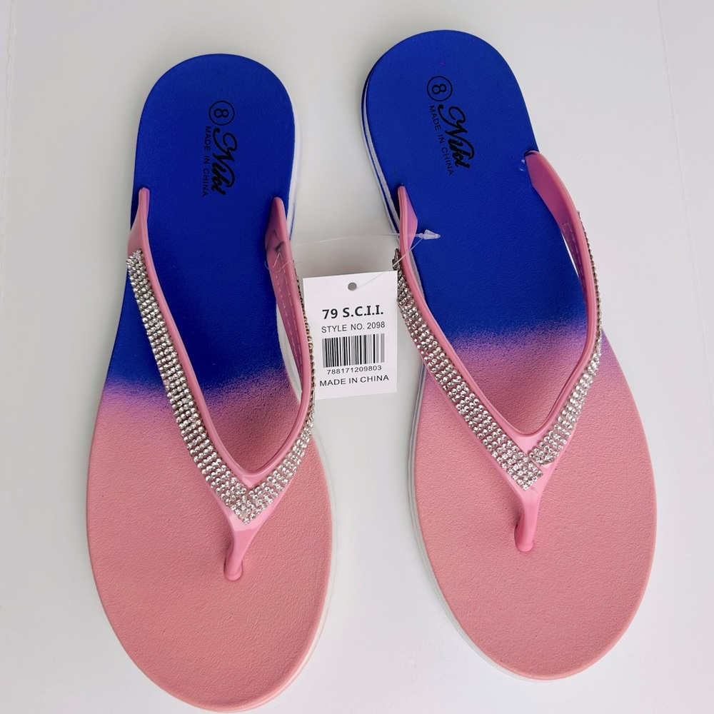 NWT Flip Flops Women's Size 8 Bling Thong Sandals Pink/Blue Slip-on